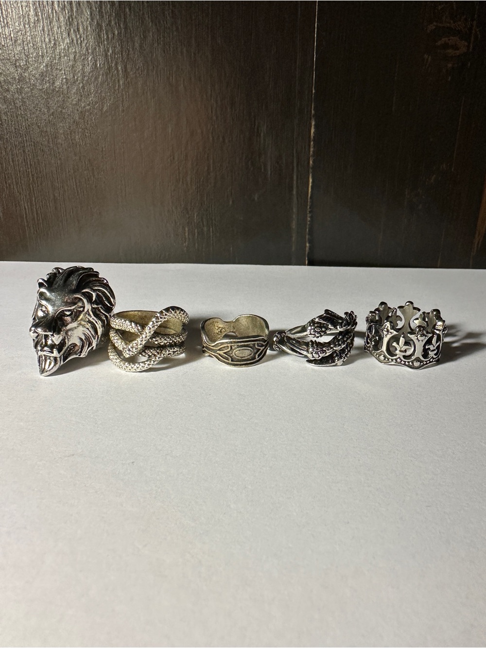 Silver-Tone Men's Decorative Ring Collection of 5 - Lion, Crown & Textured Bands